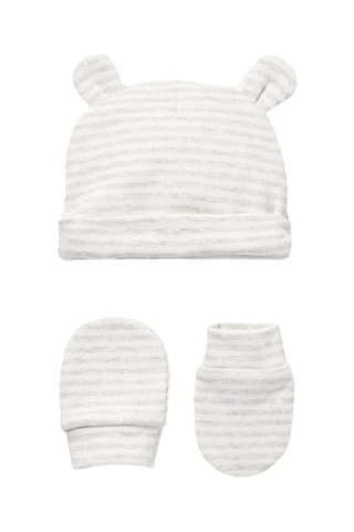 Bonnet et moufles à rayures - Gris clair et blanc