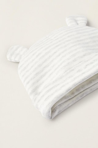 Bonnet et moufles à rayures - Gris clair et blanc