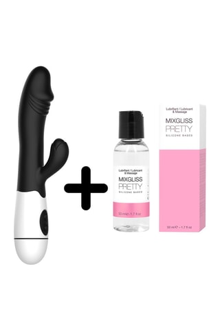 Vibrador Rabbit em silicone e lubrificante 2-em-1 - Preto - 19 cm e 50 ml
