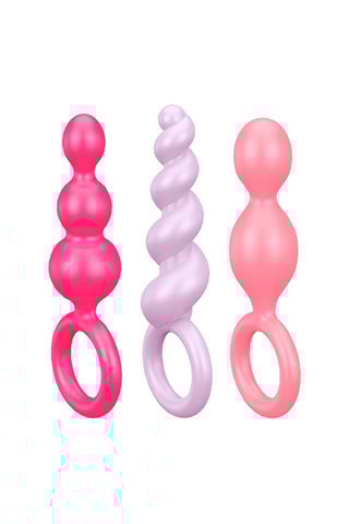 3 plugs Booty Call Satisfyer Fúcsia, malva e rosa - 13,3 cm / 13,9 cm