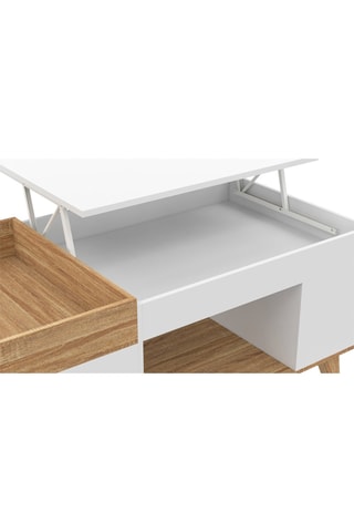 Mesa de centro Stella con tablero elevable y doble compartimento madera y blanco