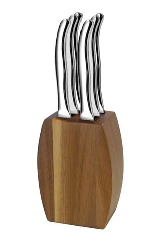 Bloc de 6 couteaux à steak en acier inoxydable et bois d'acacia Virgule