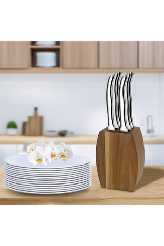 Bloc de 6 couteaux à steak en acier inoxydable et bois d'acacia Virgule