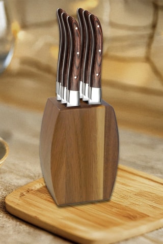 Bloc de 6 pièces en acier inoxydable et bois de pakka