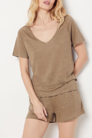 Short de pyjama taille haute en lin - Marron clair