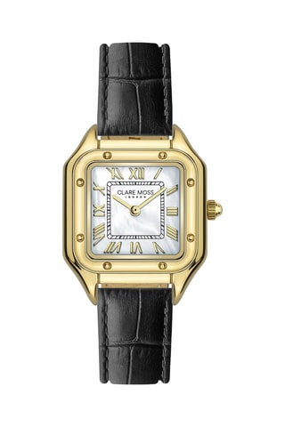 Montre à quartz en cuir de veau et nacre Charlotte - Noir et doré