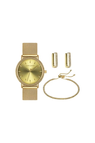 Coffret montre à quartz en acier et zircons, bracelet et boucles d'oreilles Marbella