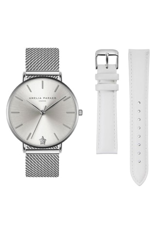 Coffret montre à quartz et 2 bracelets en cuir et en acier
