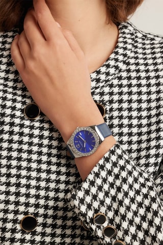 Montre à quartz en cuir de veau et zircons Opera - Bleu et argenté