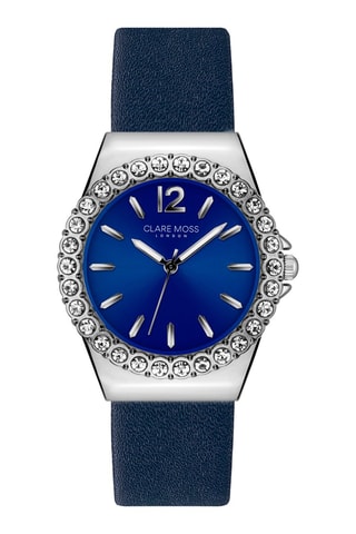 Montre à quartz en cuir de veau et zircons Opera - Bleu et argenté