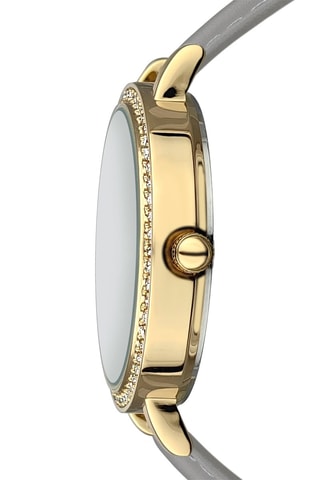 Montre à quartz en cuir de veau et zircons Porcelain - Gris foncé et doré