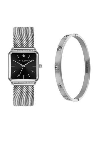 Coffret montre à quartz en acier et jonc - Zircons Night Voyage