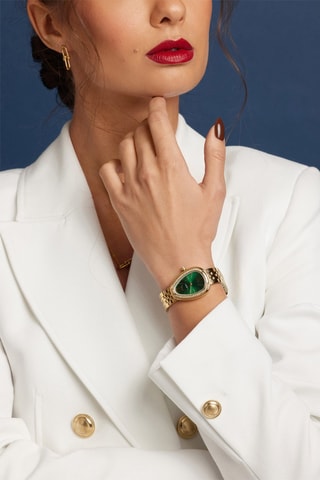 Relógio de quartzo em aço e zircões Vintage - Dourado e verde