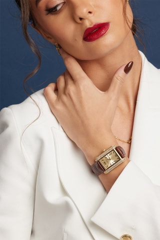 Montre à quartz en cuir de veau et zircons - Marron et doré