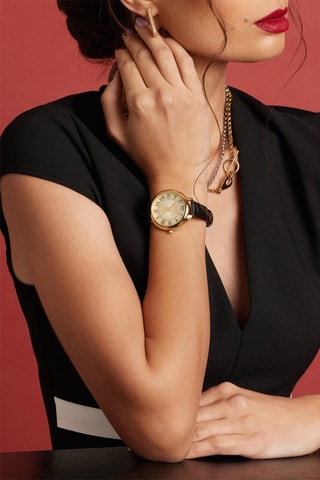 Montre à quartz en cuir de veau Chic - Noir et doré