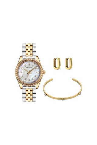 Coffret montre à quartz en acier et zircons, boucles d'oreilles et jonc Tirana