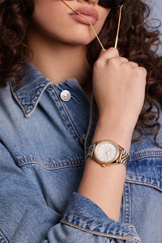 Coffret montre à quartz en acier et zircons, boucles d'oreilles et jonc Tirana