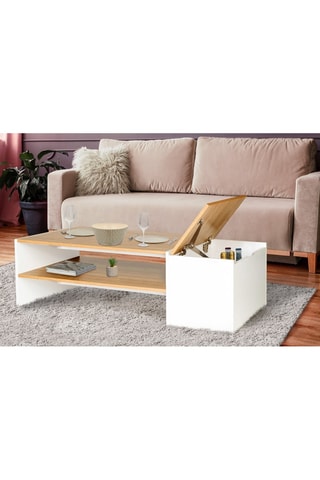 Table basse Zoé double plateau et coffre latéral bois et blanc L110cm
