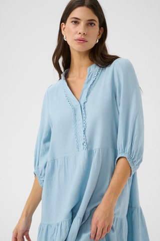 Vestido com folhos em linho - Azul-claro