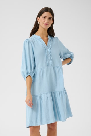 Vestido com folhos em linho - Azul-claro