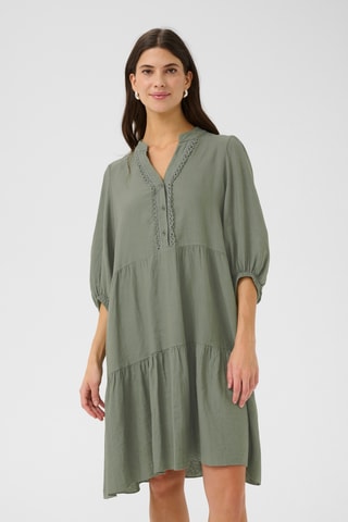 Vestido com folhos em linho - Caqui