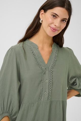 Vestido com folhos em linho - Caqui