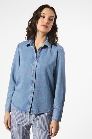 Camisa regular de ganga - Azul-claro