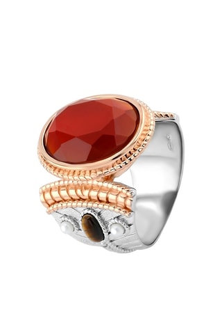 Anillo - Plata, plata chapada en oro rosa, ónice, ojo de tigre y perlas