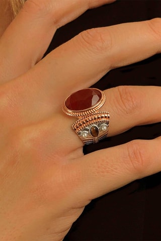 Anillo - Plata, plata chapada en oro rosa, ónice, ojo de tigre y perlas