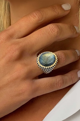 Anillo - Plata, plata chapada en oro amarillo y labradorita