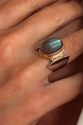 Anillo - Plata, plata chapada en oro amarillo y labradorita