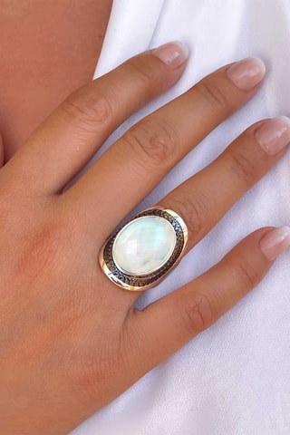 Anillo - Plata, plata chapada en oro amarillo y piedra de luna