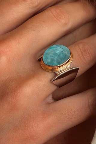 Anillo - Plata, plata chapada en oro amarillo y amazonita