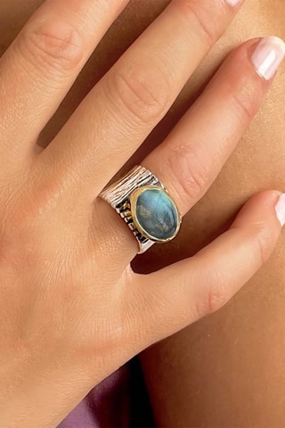 Anillo - Plata, plata chapada en oro amarillo y labradorita