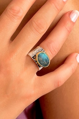 Anillo - Plata, plata chapada en oro amarillo y labradorita