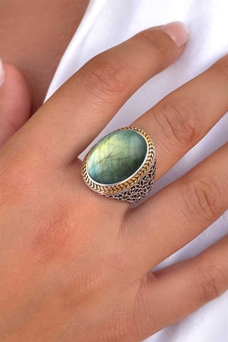 Bague - Argent, argent plaqué or jaune et labradorite