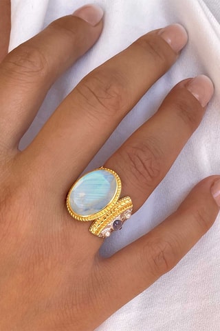 Bague - Argent, argent plaqué or jaune, pierre de lune, tanzanite et perles d'eau douce