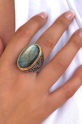 Bague - Argent, argent plaqué or jaune et labradorite