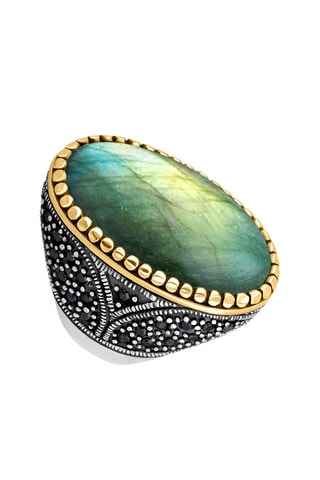 Bague - Argent, argent plaqué or jaune et labradorite