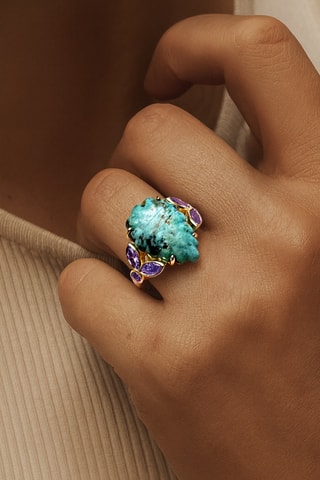 Bague dorée à l'or jaune - Argent et turquoise