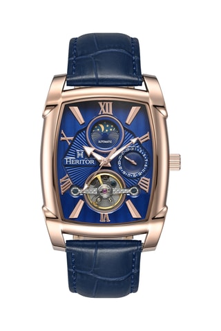 Relógio turbilhão automático de couro Valentin - Azul e dourado