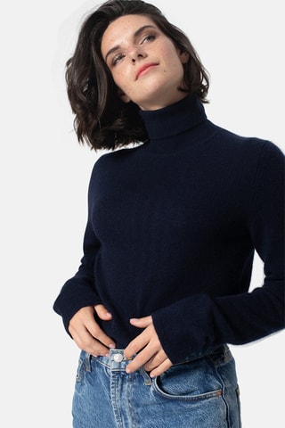 Pull Bise 100% cachemire, 2 fils - Col montant - Bleu marine