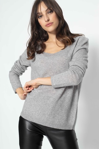 Pull Lanfon 100% cachemire, 2 fils - Encolure en U - Gris chiné