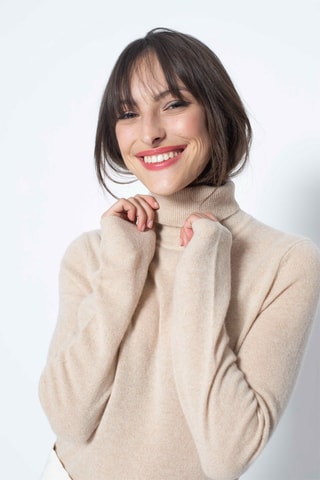 Pull Bise 100% cachemire, 2 fils - Col montant - Beige