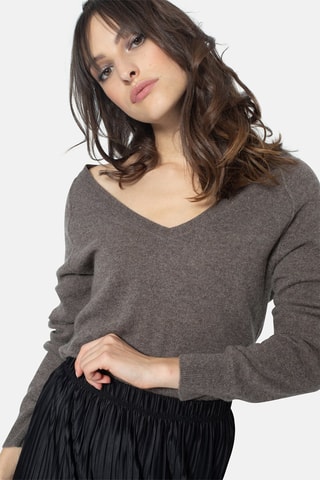 Pull Giusalet 100% cachemire, 2 fils - Col en V - Taupe chiné