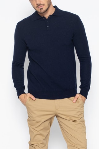 Polo manches longues Charvet 100% cachemire, 2 fils Col classique boutonné Bleu marine