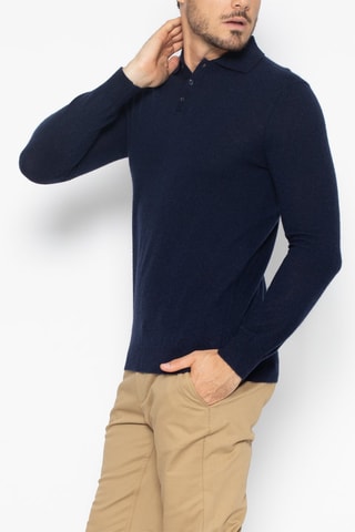 Polo manches longues Charvet 100% cachemire, 2 fils Col classique boutonné Bleu marine