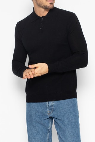 Polo manches longues Charvet 100% cachemire, 2 fils – Col classique boutonné - Noir