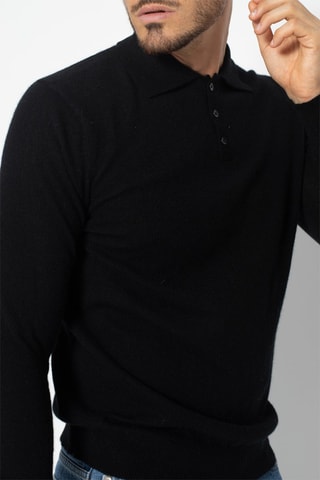 Polo manches longues Charvet 100% cachemire, 2 fils – Col classique boutonné - Noir