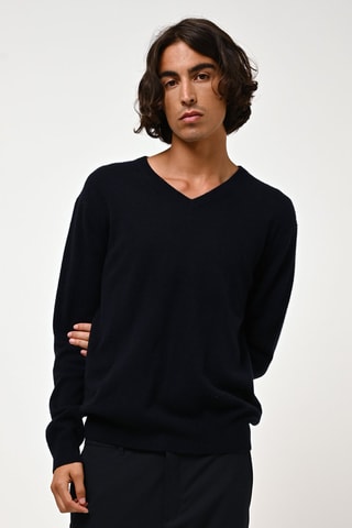 Pull Agel 100% cachemire, 2 fils - Col en V - Bleu marine